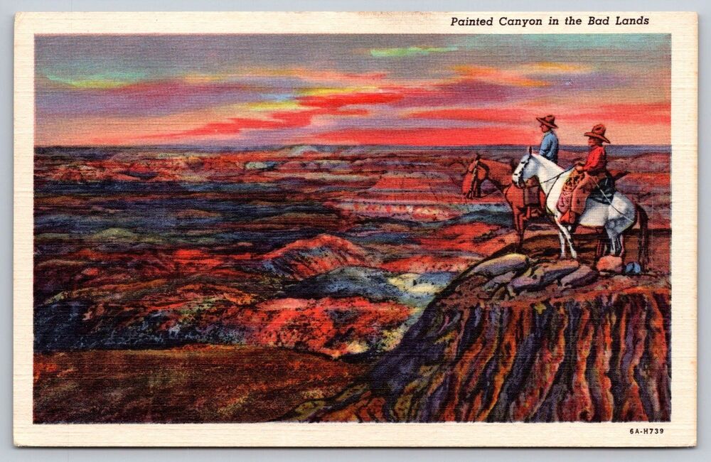 Vintage 1936 Linen Postcard Painted Canyon Bad Lands North Dakota Cowboys Horses